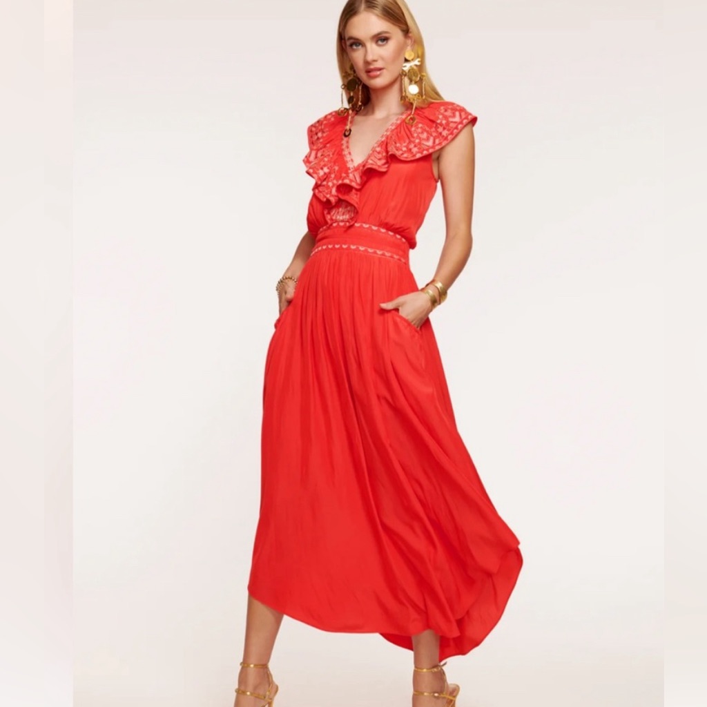 Ramy Brook Camden Embroidered Ruffle Maxi Dress - Grenadine Small Petite